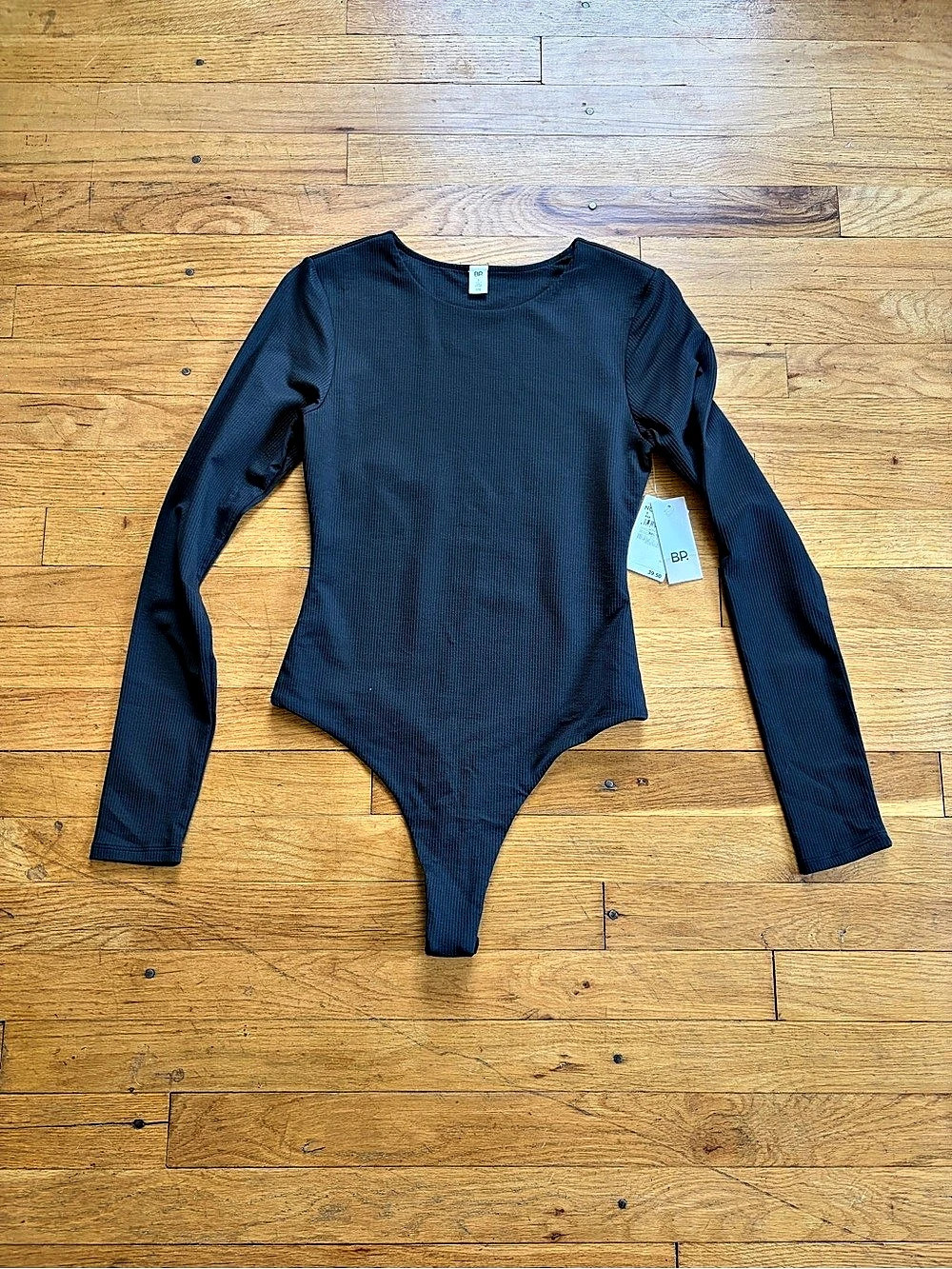 BP. Ribbed Long Sleeve Thong Bodysuit. Black Small